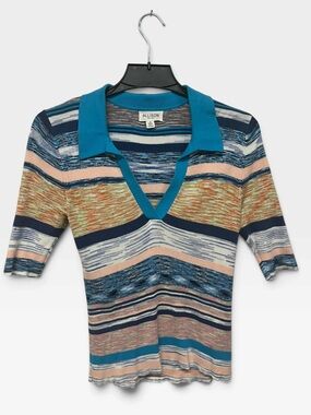 Allison | Striped Short Sleeve Knit V Neck Collared Polo Top XS